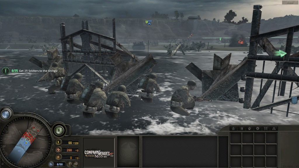 Company of Heroes 1 D Day screenshot of units behind hedgehogs