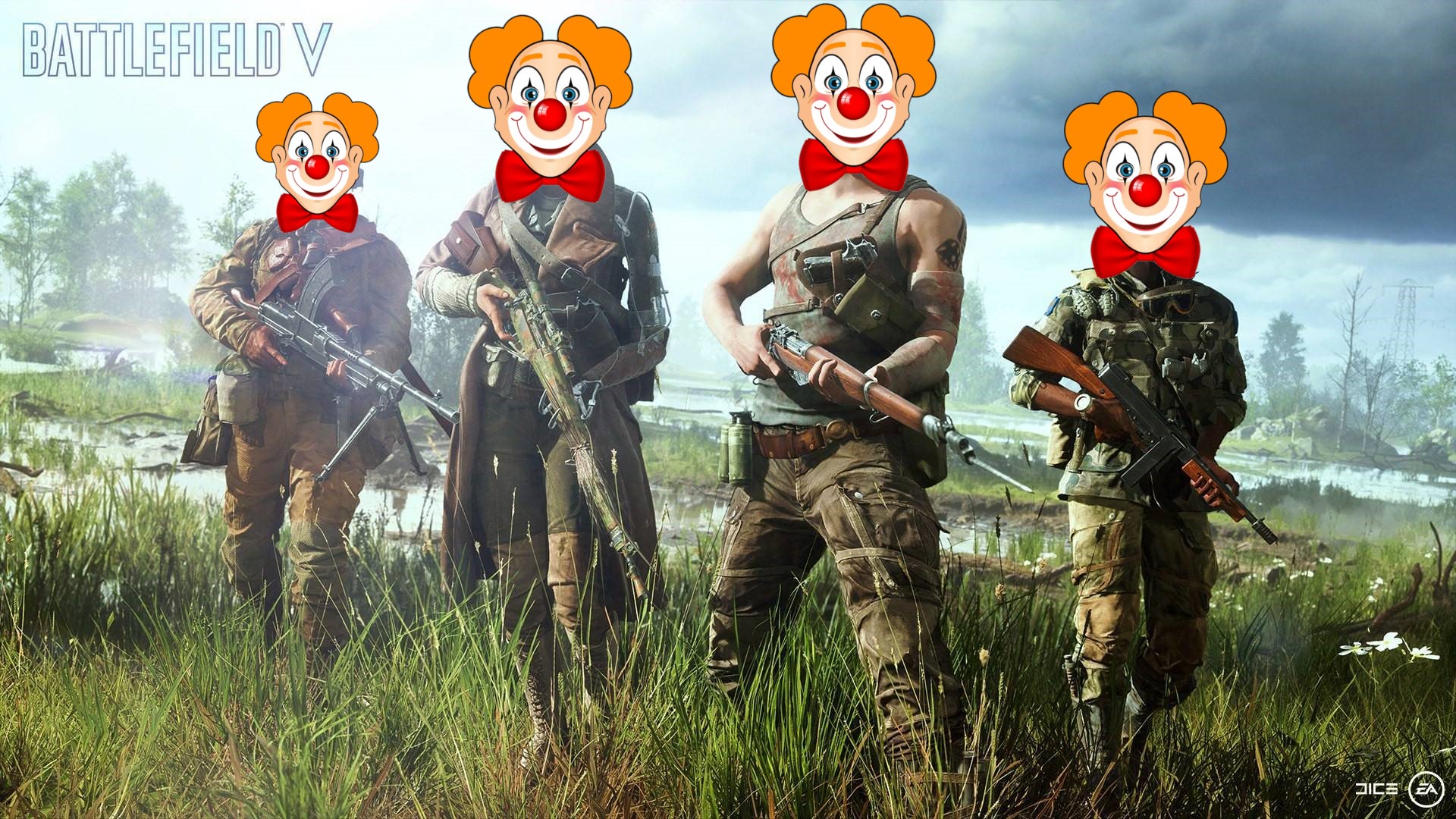 Battlefield 5 Image showing the main character with their faces replaced by clowns