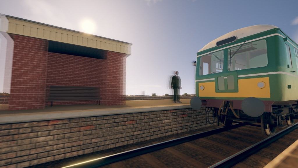 Diesel Railcar Simulator screenshot of a train reaching a station