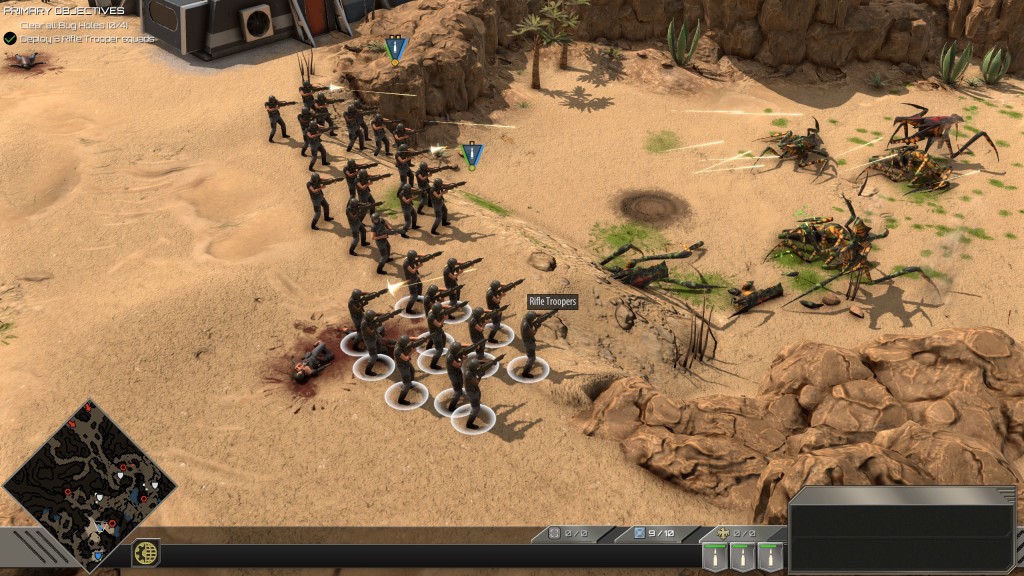 Starship Troopers Terran Command screenshot units firing on bugs