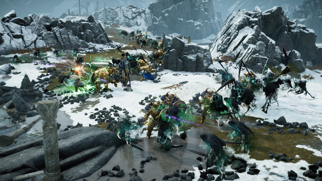 Screenshot of Warhammer 40,000 Age of Sigmar with troops fighting on a field of battle