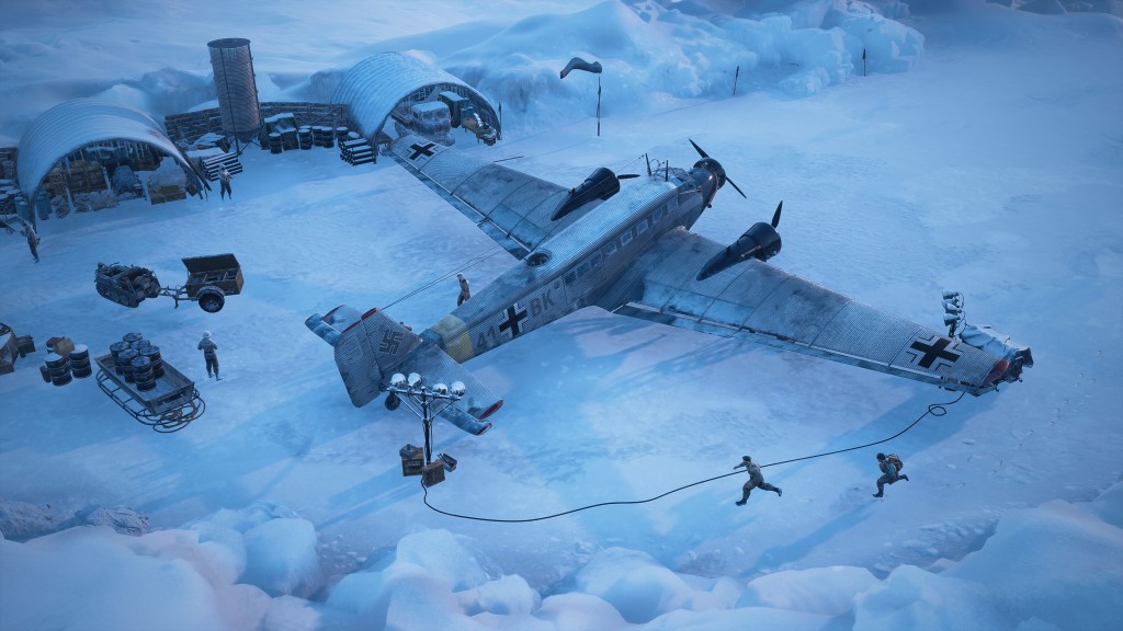 A screenshot of Commandos 4 featuring a Junkers plane and a couple of commandos around it