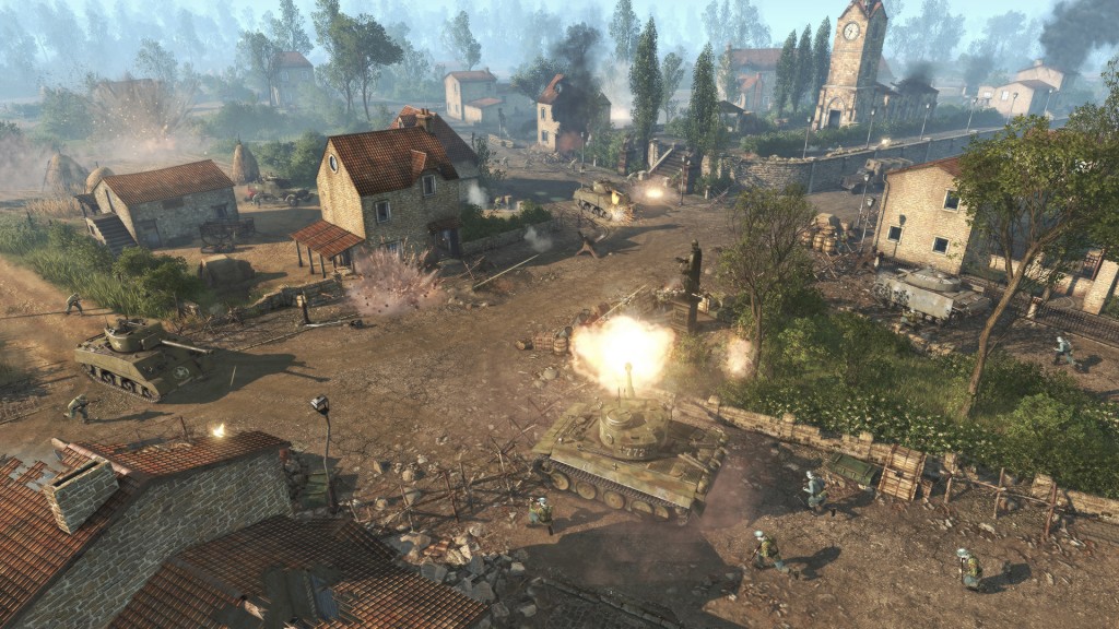 Men of War 2 screenshot of a battle in a small town with a Sherman and Tiger tanks