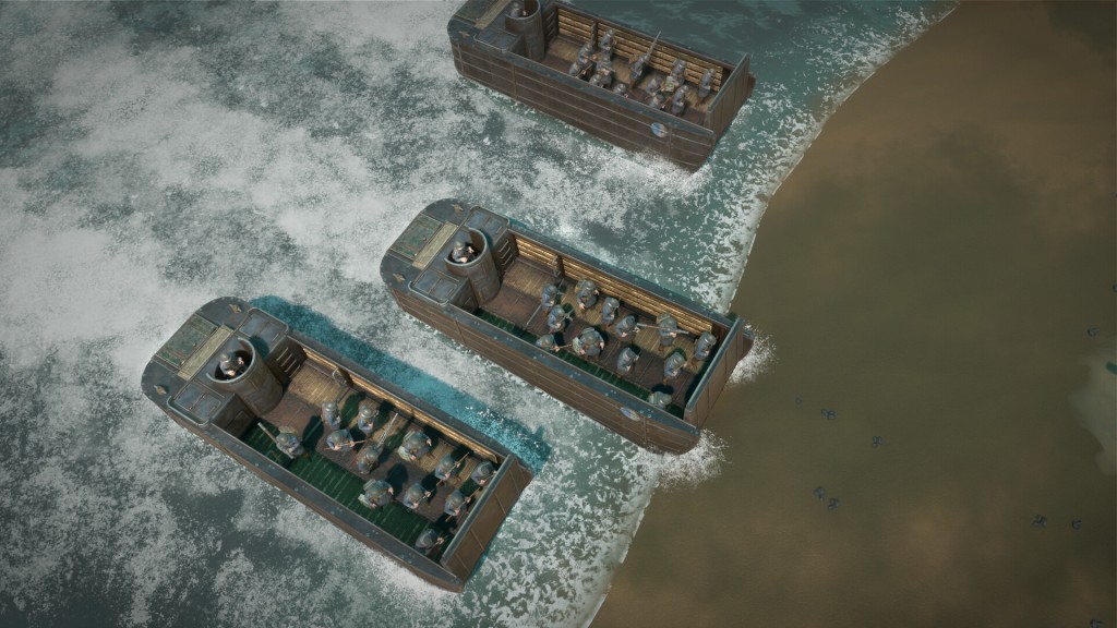 Three higgings boat on FoxHole video game landing on a beach