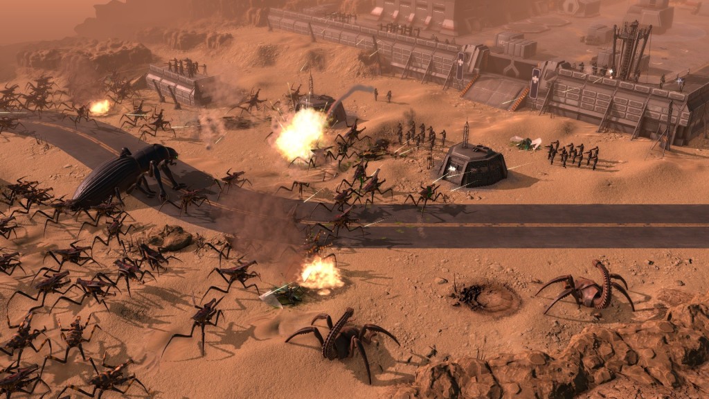 Starship Troopers Terran Command Header Image With bugs attacking a base in Klendathu