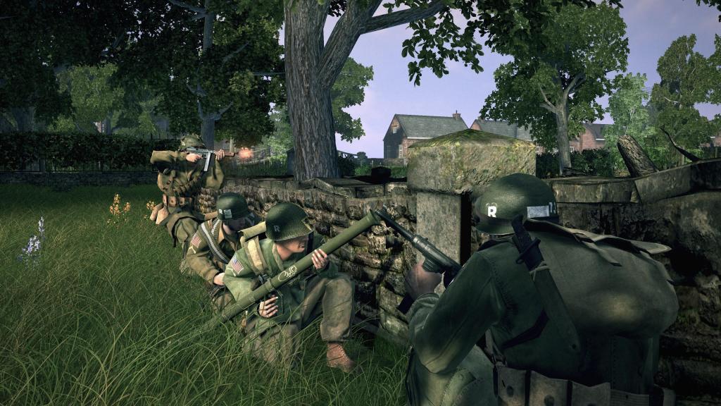 Brothers in Arms Hells Highway screenshot of soldiers hiding behind a brick wall